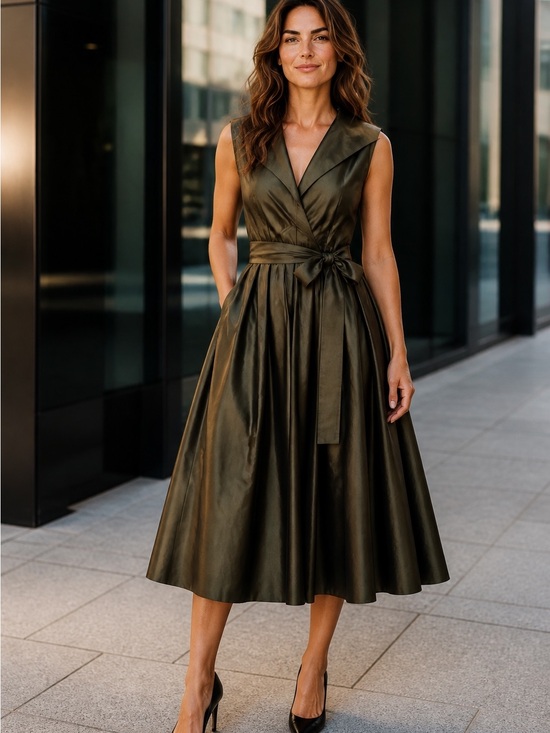 Teri Jon Dresses & Skirts - Teri Jon Olive Green Taffeta Fit‑and‑Flare Midi Dress with Pleated Waist & Bow